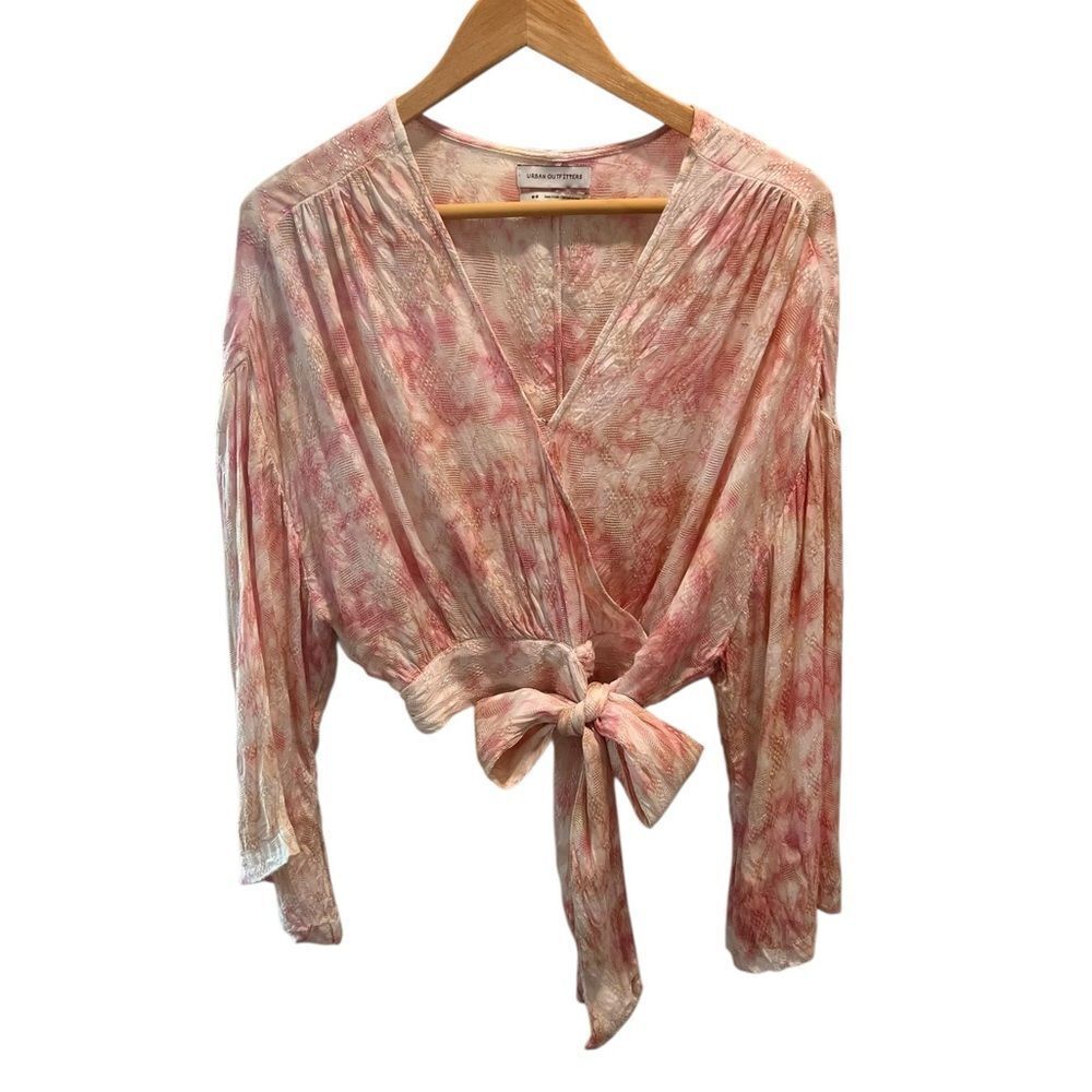 Urban Outfitters Pink Floral Jacquard Wrap Tie Crop Top | Medium